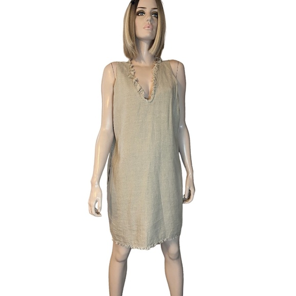 Tommy Bahama 100% Linen Shift Dress Raw Hem Fringe Detail Hip Pockets V-Neck - Picture 8 of 15